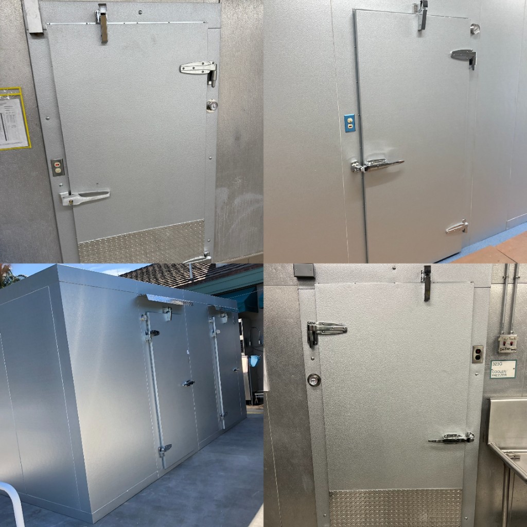 Walk-in cooler doors, hinges, and hardware